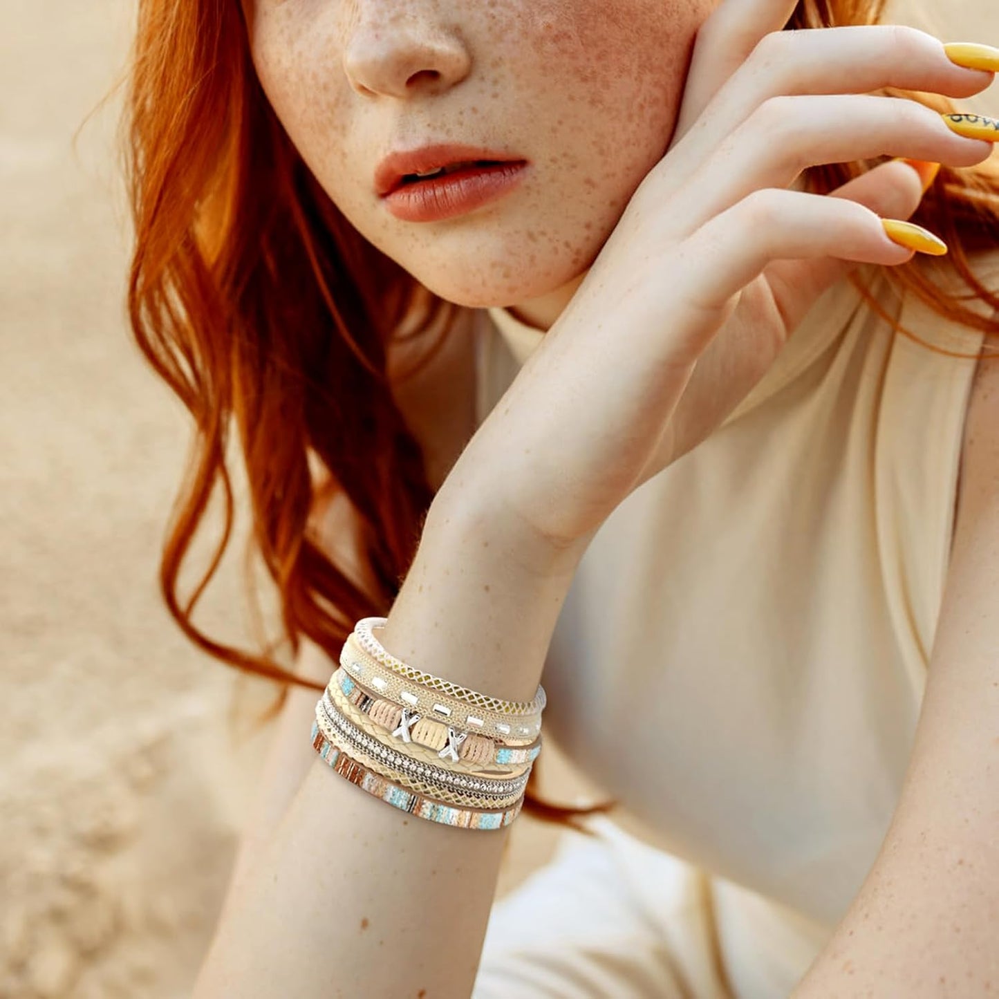 Fesciory Leopard Bracelet for Women, Boho Leather Wrap Multi-Layer Pearl Crystal Bracelet Bangle Jewelry