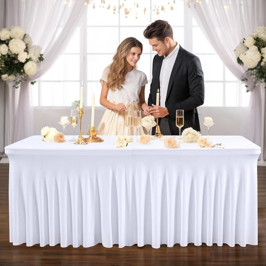 PARTISKY White Spandex Tablecloth for 4ft Rectangle Tables, Stretchable Table Cover Skirt for Folding Tables Weddings Parties Banquets Events Trade Shows and Dessert Table