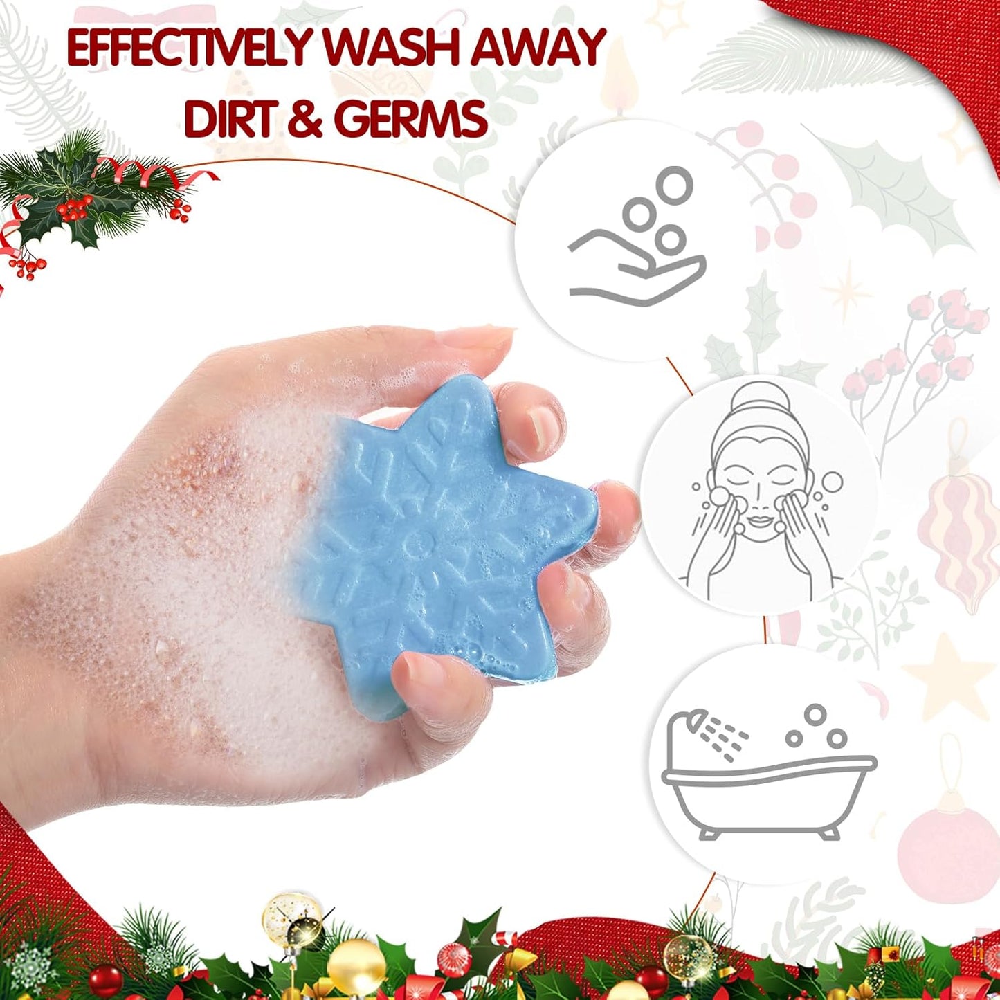 30 Set Christmas Soap Bar Gift Set Christmas Handmade Xmas Tree Santa Clause Gingerbread Snowflake Soaps Bulk Holiday Stocking Stuffer Party Favors for Bathroom (Blue,Blue Snowflake)