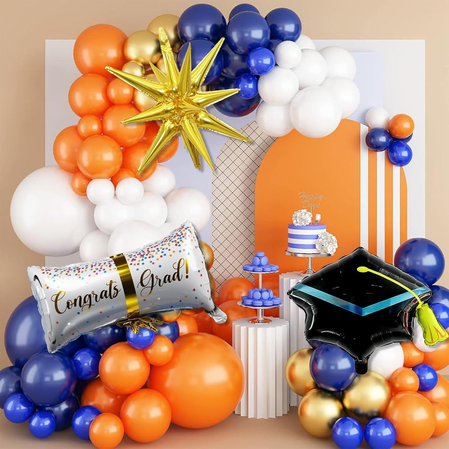 Blue and Orange Graduation Balloons Arch Garland Kit, 115 Pcs Navy Dark Blue Gold Orange Congrats Grad Balloons Class of 2025, Prom Graduation Party Decoration with Star Certificate Cap Foil Balloon