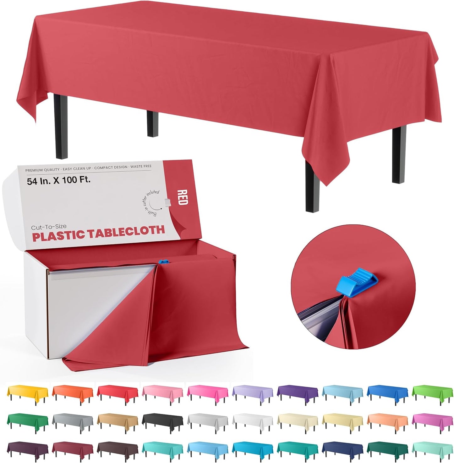 Party Solids 54 Inch X 100 Feet Red Plastic Table Cover Roll in A Cut - to - Size Box with Convenient Slide Cutter. Cuts Up to 12 Rectangle 8 Feet Plastic Disposable Tablecloths