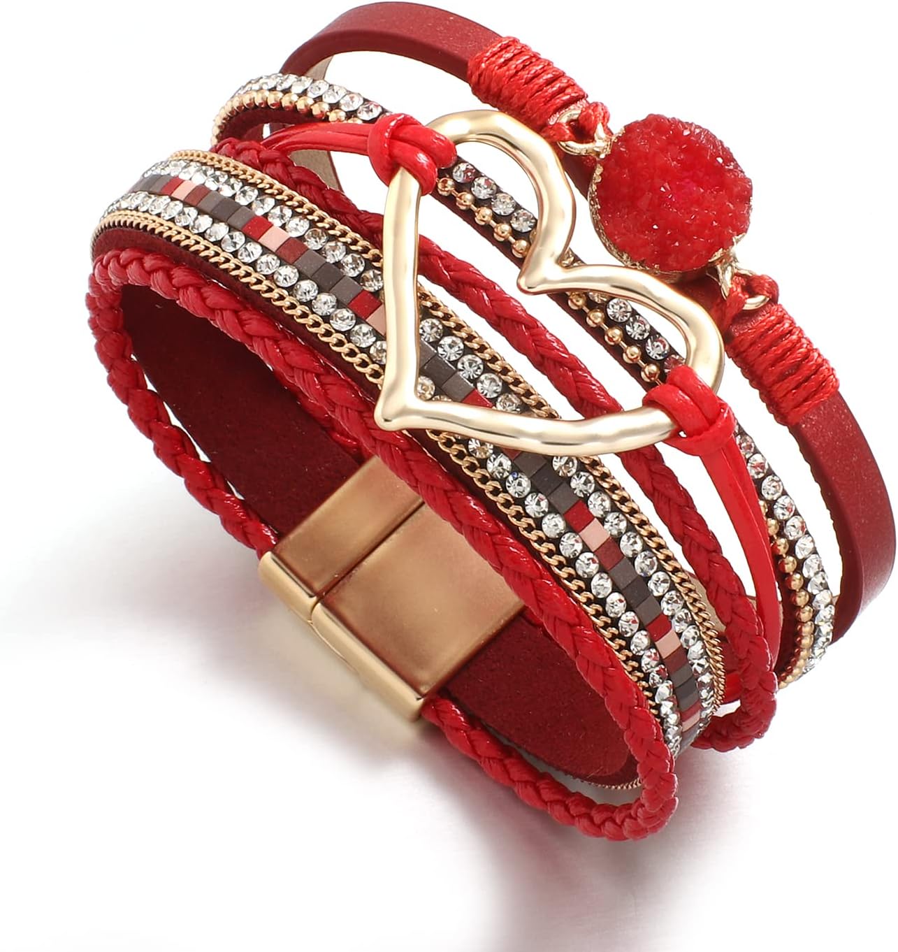 Leather Wrap Bracelet for Women Beaded Cuff Bracelet with Heart-shape Decor Bohemian Crystal Bracelet Jewelry with Clasp Bangle Bracelet for Women Girls Birthday Holiday Gift