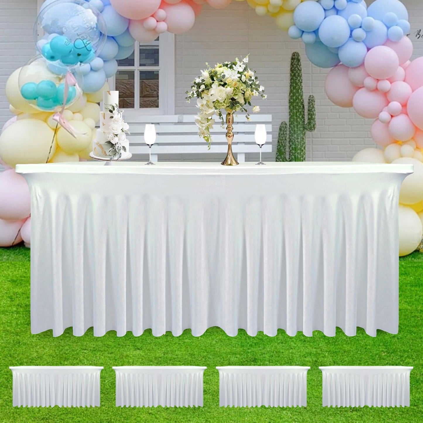 4 Pack - White Spandex Table Skirt for 8ft Tables (96" L x 30" W x 30" H) | Stretch, Washable & Wrinkle-Resistant Fitted Cover | Banquet, Birthday Party Decor