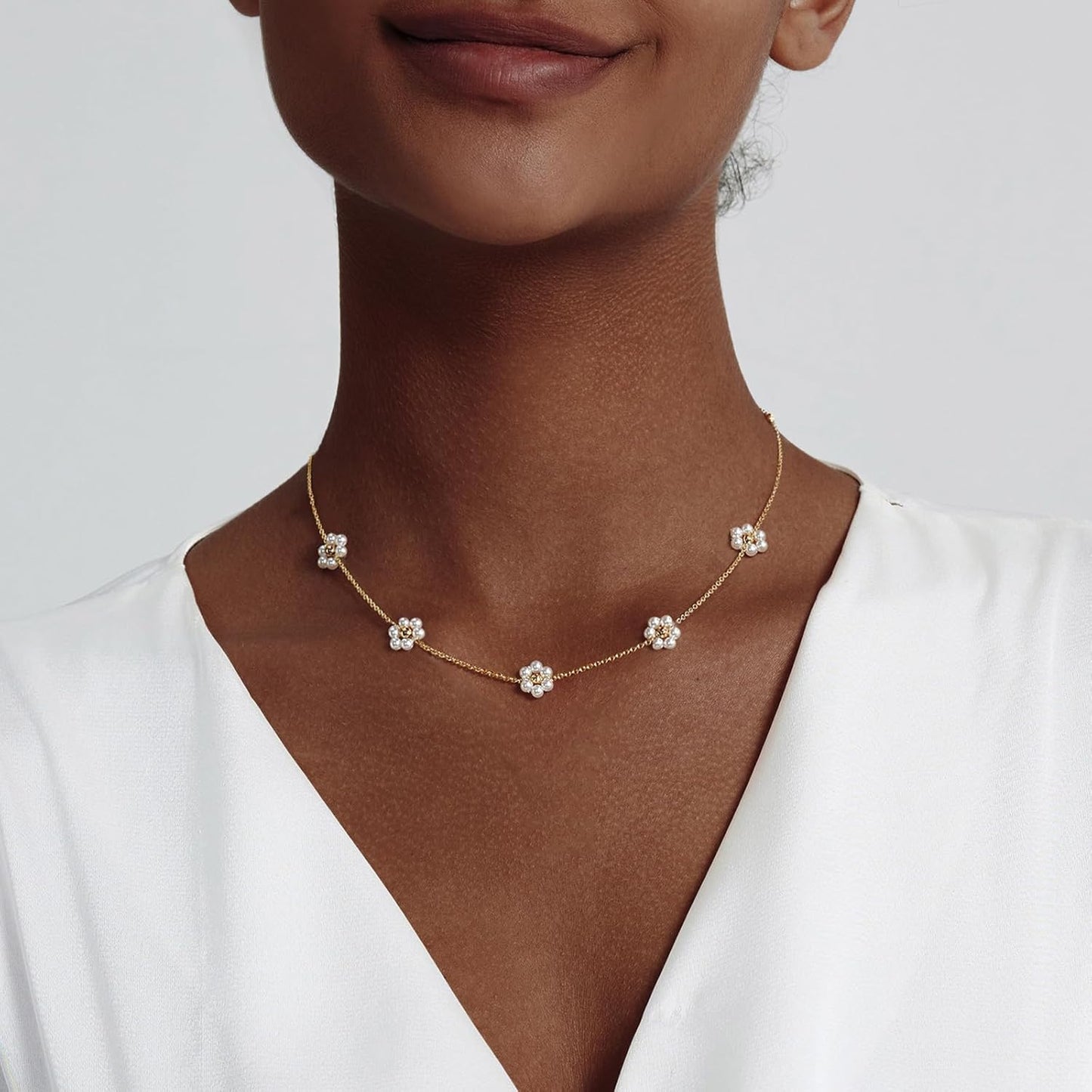 OGD Gold Pearl Necklaces Set for Women 14K Gold Plated Dainty Layered Pearl Cute Daisy Pearl Choker Gold Necklace Gifts for Women Gold Trendy Jewelry Gifts