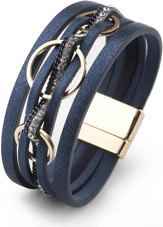 Fesciory Leopard Bracelet for Women, Boho Leather Wrap Multi-Layer Pearl Crystal Bracelet Bangle Jewelry