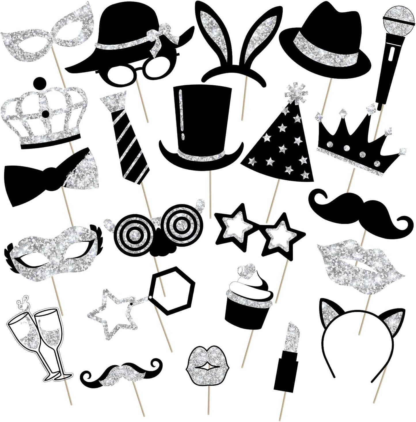 Zonon 24 Pieces Funny Photo Booth Props:Halloween,Christmas,Family Reunion, Class Reunion, Birthday, Weddings, Prom Disco Mardi Gras Party Supplies - Mix of Hats, Lipstick, Tie(Silvery)
