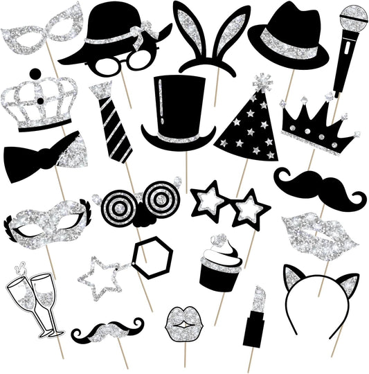 Zonon 24 Pieces Funny Photo Booth Props:Halloween,Christmas,Family Reunion, Class Reunion, Birthday, Weddings, Prom Disco Mardi Gras Party Supplies - Mix of Hats, Lipstick, Tie(Silvery)