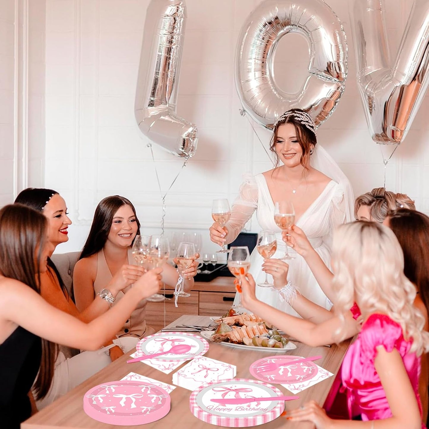 142Pcs Pink Bow Birthday Party Supplies Kit,Lncludesice Bow Themed Plates Cups Napkins Cutlery Tablecloth and Banner, for Bridal Engagement Princess Birthday Party Decorations,Serve 20