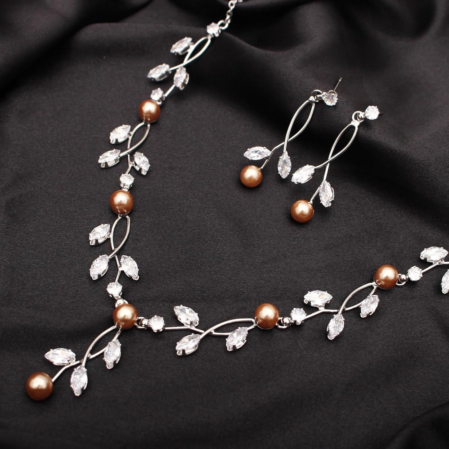 Luxury Cubic Zirconia Aurtrian Crystal Pearl Floral Necklace Dangle Earrings Wedding Bridal Jewelry Set Birthday Gifts for Her