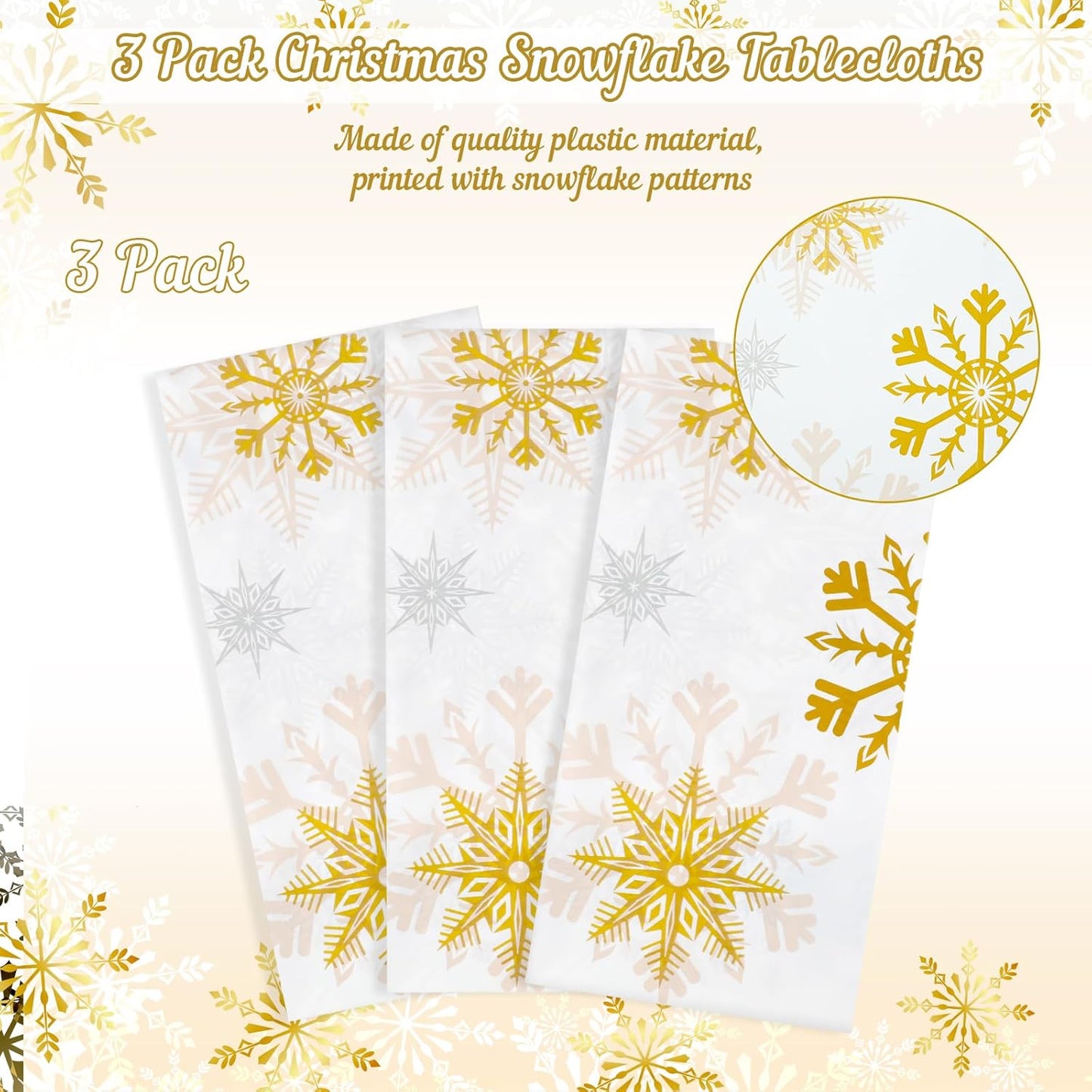 3 Pack Christmas Snowflake Plastic Tablecloth, 54 x 108Inch White and Gold Snowflake Table Cloth Disposable Waterproof Winter Snowflakes Table Cover for Winter Holiday New Year Party Supplies Decor
