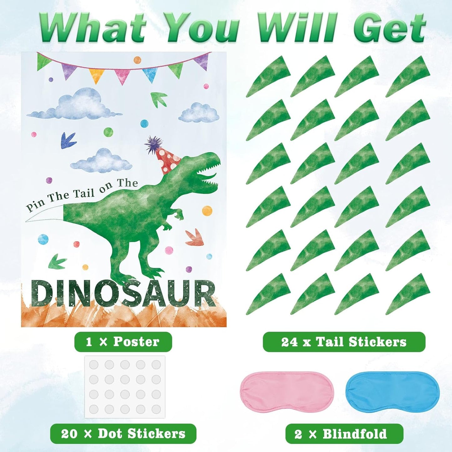 Pin The Tail on The Dinosaur Party Game with 24 PCS Tails and Two Eye Mask for Kids Girls Birthday Game 21'' x 28'' (Dinosaur)