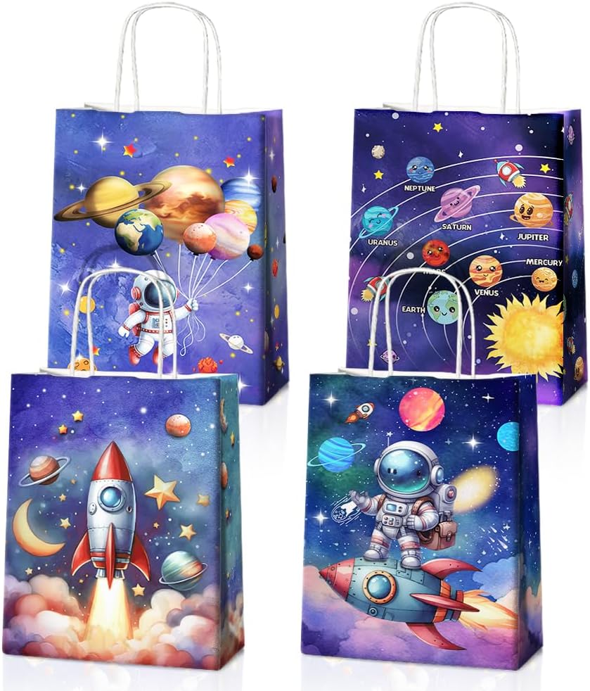 24 Pcs Astronaut Party Favor Bags with Handles - Space Galaxy Themed Solar Eclipse Goodie Gift Candy Kraft Paper Bags for Kids Birthday Party Supplies Decorations