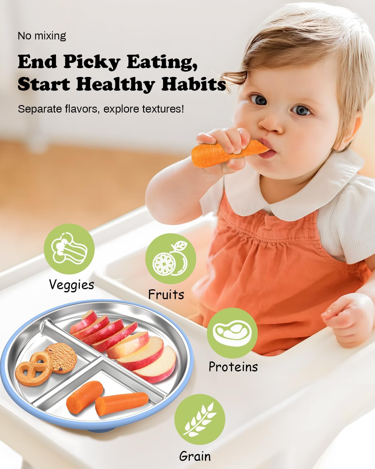 Stainless Steel Toddler Plate with Suction, 8” Divided Plates with Removable Silicone Sleeves for Baby, Non Toxic Unbreakable Kids Snack Dishes Set of 4, Sage Blue Gray Navy