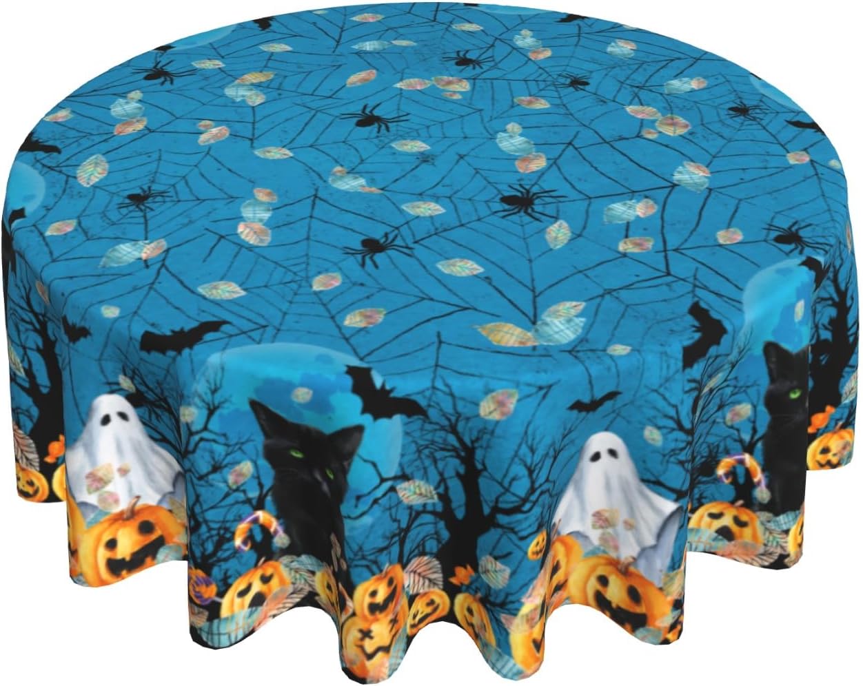 Giwawa Halloween Round Tablecloth, Blue Spooky Ghost Pumpkins Black Cats Bats Spider Web Table Cloth 60Inch for Kitchen Dining, Wipeable Fabric Non-Slip Table Cover for Holiday Picnic Camping Decor