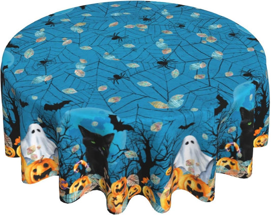 Giwawa Halloween Round Tablecloth, Blue Spooky Ghost Pumpkins Black Cats Bats Spider Web Table Cloth 60Inch for Kitchen Dining, Wipeable Fabric Non-Slip Table Cover for Holiday Picnic Camping Decor