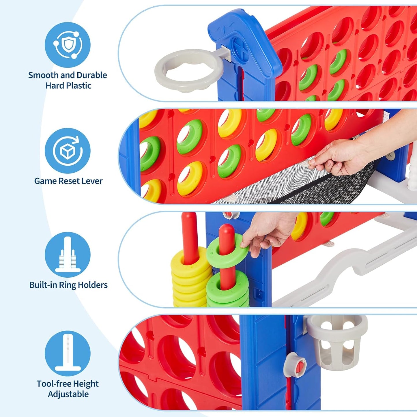 Giant 4 in a Row Game,Adjustable Height Board Jumbo 4-in-a-Row Game with Quick-Release Slider,Mini Basketball,Golf & Ring Toss Set for Family Party, Outdoor & Indoor