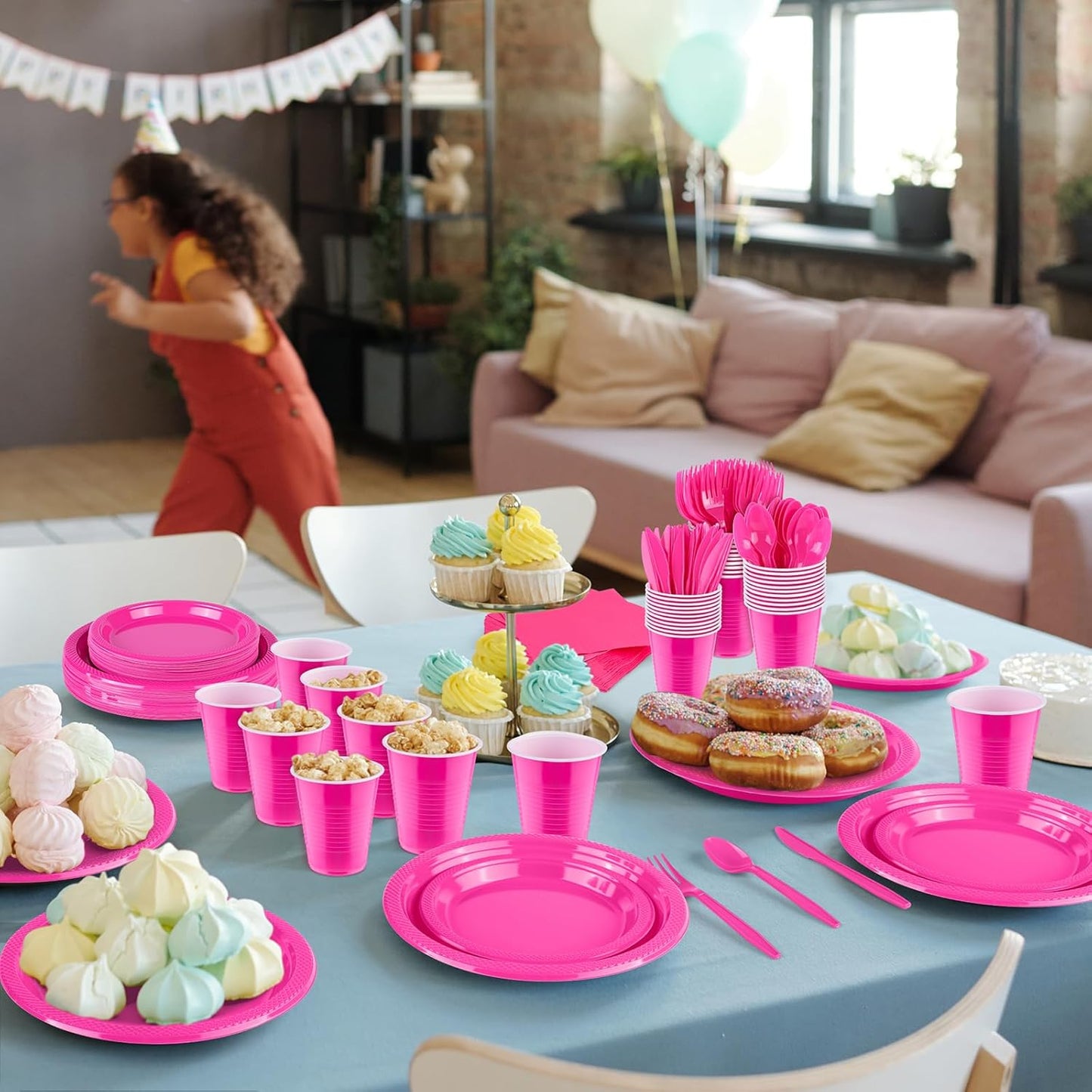 Aodaer 400 Pieces Hot Pink Party Supplies Disposable Dinnerware Set Include Plastic Plates Cups Knives Forks Spoons Paper Napkins for Birthday Wedding Graduation Parties, Serve 50 Guests