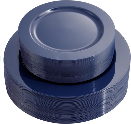 FLOWERCAT 100PCS Blue Plastic Plates - Heavy Duty Blue Disposable Plates for Possover Party/Wedding/Hanukkah - Include 50PCS 10.25inch Dinner and 50PCS 7.5inch Dessert/Salad Plates for 50 Guests