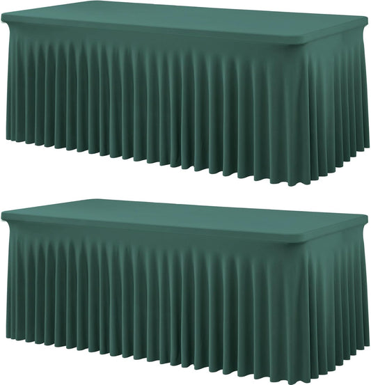 2 Pack Hunter Green Spandex Tablecloths for 6 Foot Rectangle Tables, Wrinkle Free Fitted Table Cover 6ft Green Stretchy Table Clothes with Skirt for Parties Weddings Birthday Banquet Baby Shower