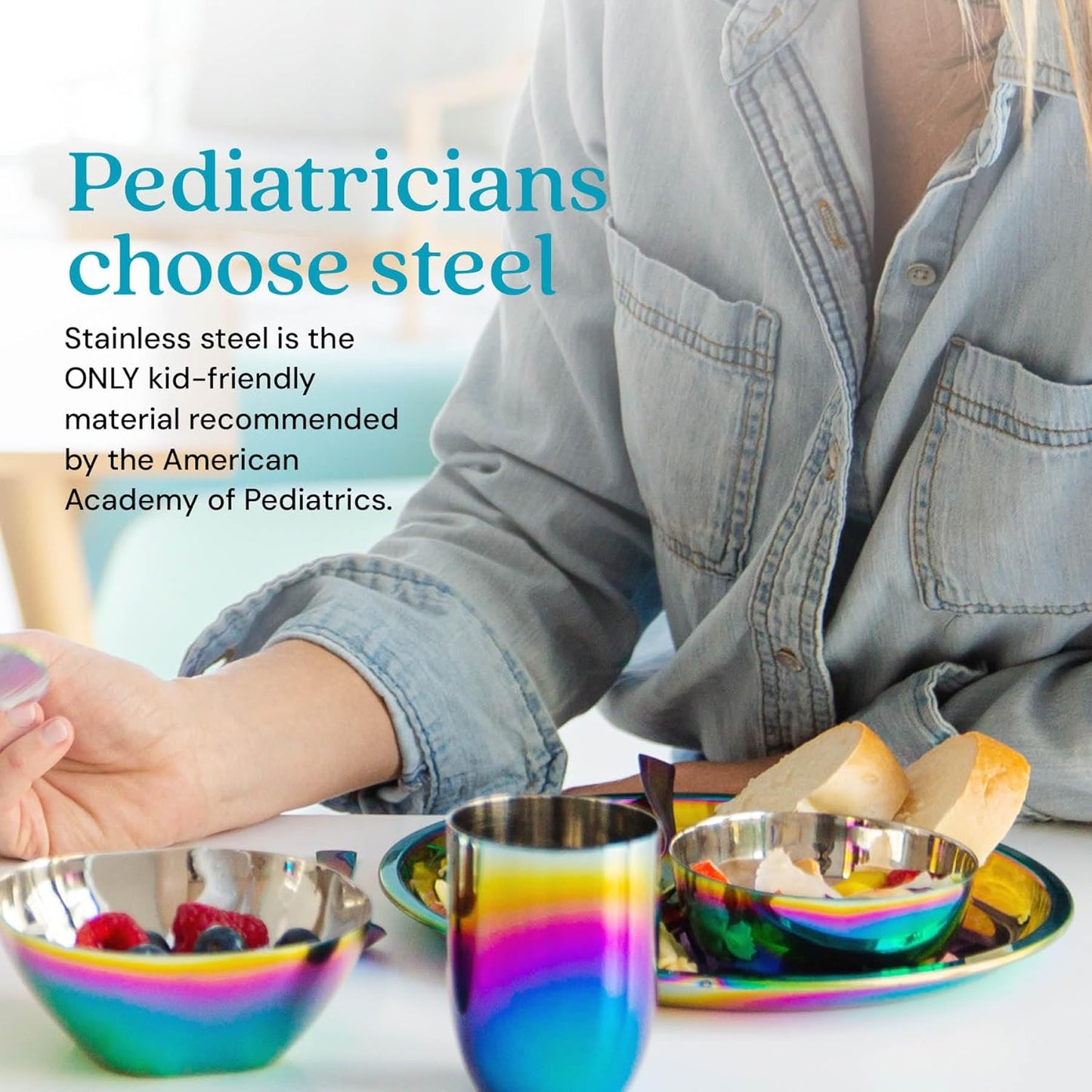 Ahimsa Stainless Steel Plates for Kids - 9" Round Rainbow Toddler Plates, Non Toxic Plate, BPA Free & Dishwasher Safe (Set of 4)