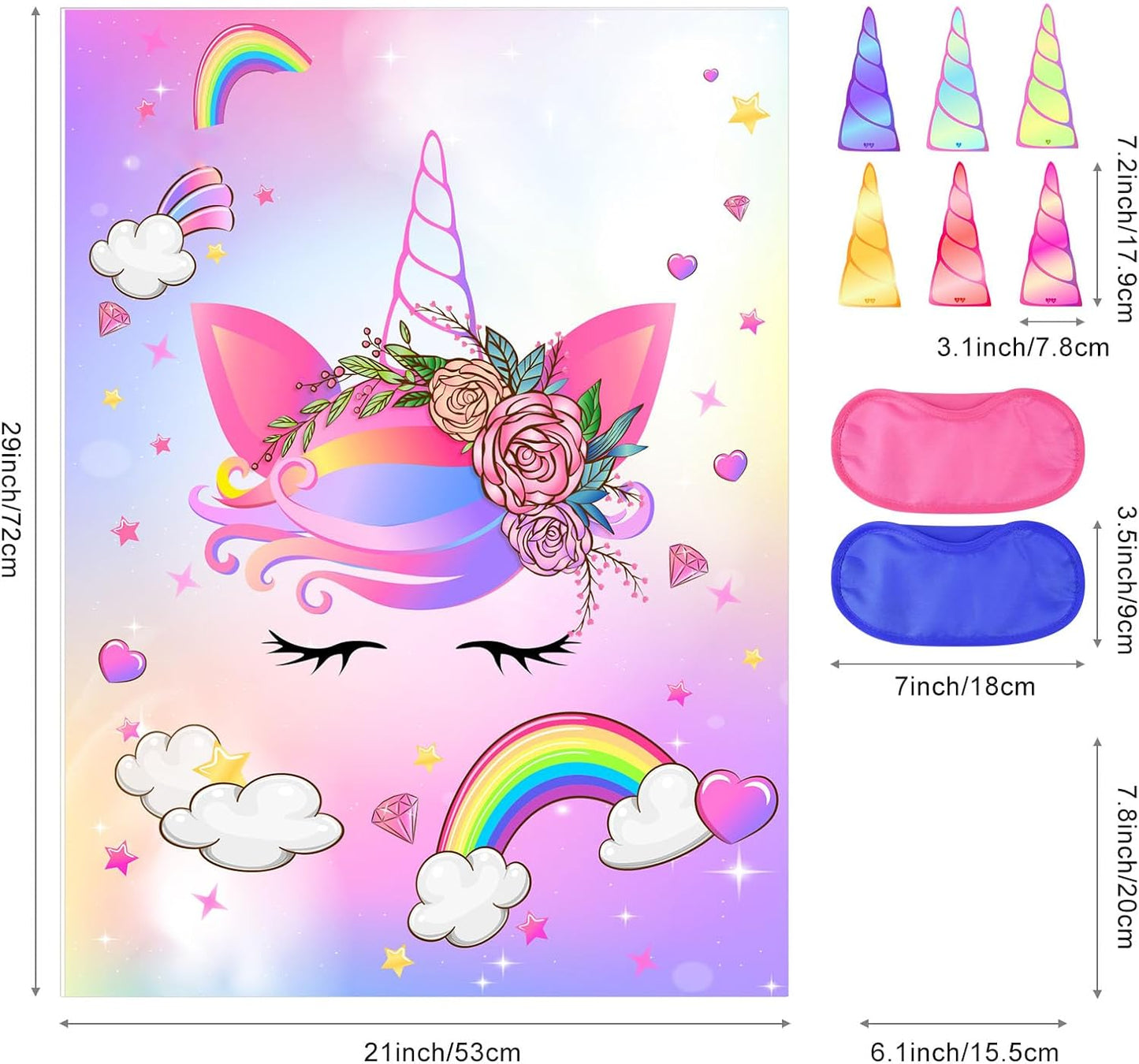 NEBURORA Pin The Horn on The Unicorn with 30 PCS Horns Birthday Party Supplies for Girls Birthday Christmas Party Game for Kids