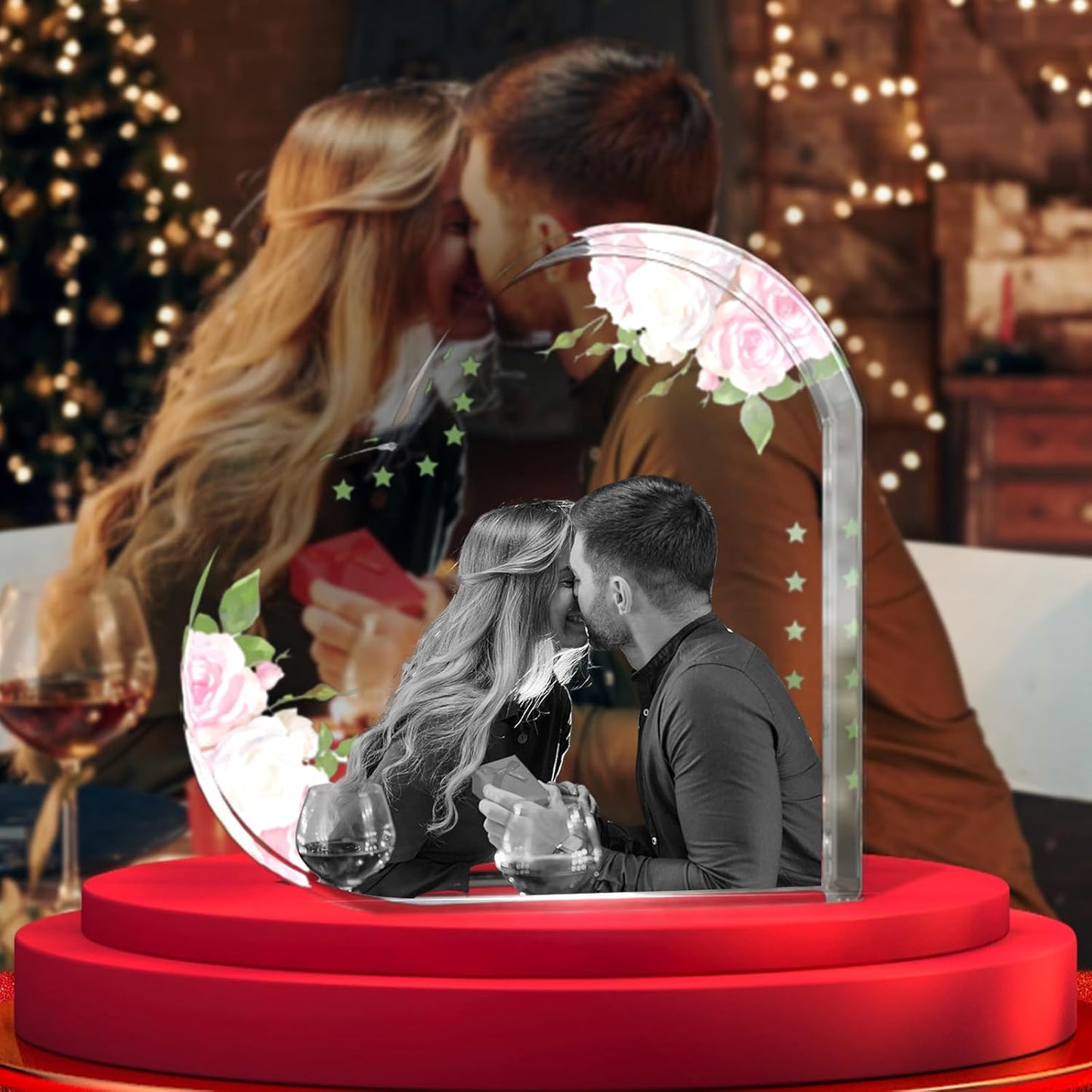 Artmosphere 3D Crystal Photo, Personalized Gifts for Women, Wife, Men, Mom, Father, Her, Him, Dad, Grandpa, Great Customized Gift With Your Own Photo, Custom Glass 3D Laser Etched Picture Wedding - Pink Rose