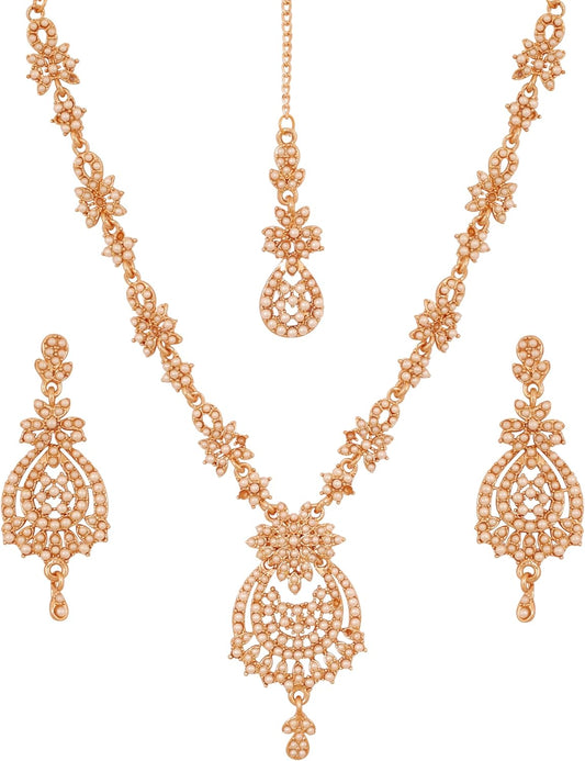 Touchstone Indian jewelry sets for women maang tikka wedding guest gold necklace bollywood jewellery set pageant elegant prom bride accessories western crystal chunky rhinestone necklaces