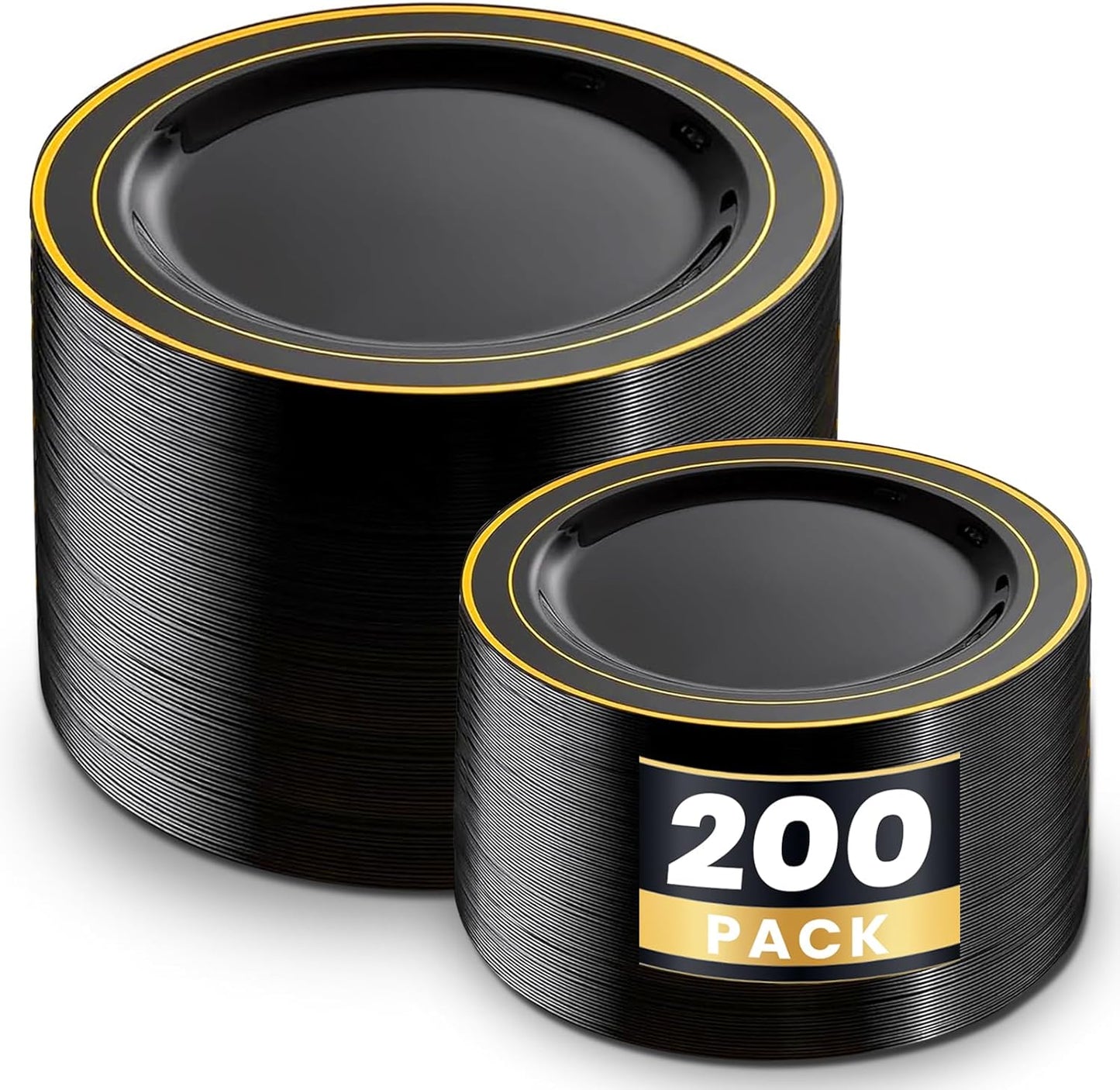WDF 200PCS Black and Gold Plastic Plates - Black Plates Disposable for Party - Heavy Duty Plastic Plate for New Year