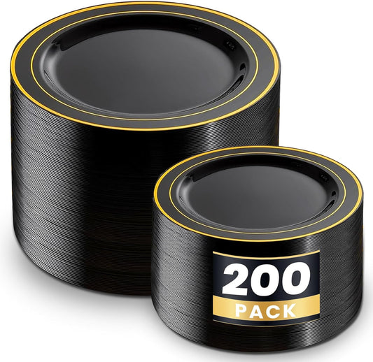 WDF 200PCS Black and Gold Plastic Plates - Black Plates Disposable for Party - Heavy Duty Plastic Plate for New Year