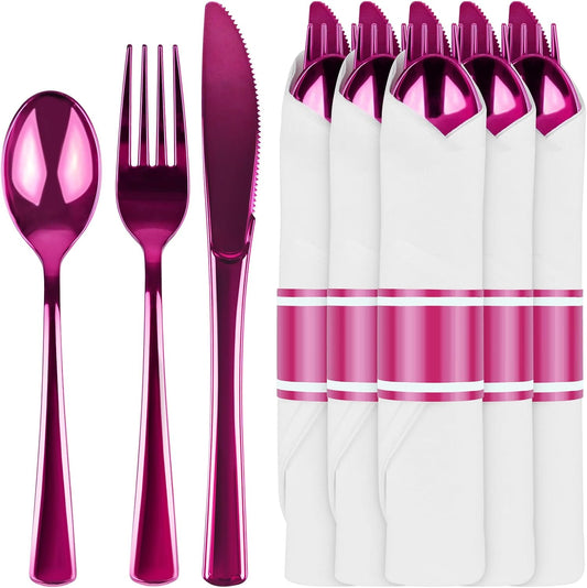 30Pack Pre Rolled Hot Pink Plastic Silverware - Wrapped Hot Pink Disposable Cutlery with Napkins, Pre Rolled Plastic Silverware Set, Disposable Christmas Silverware with Dinner Napkins for Party