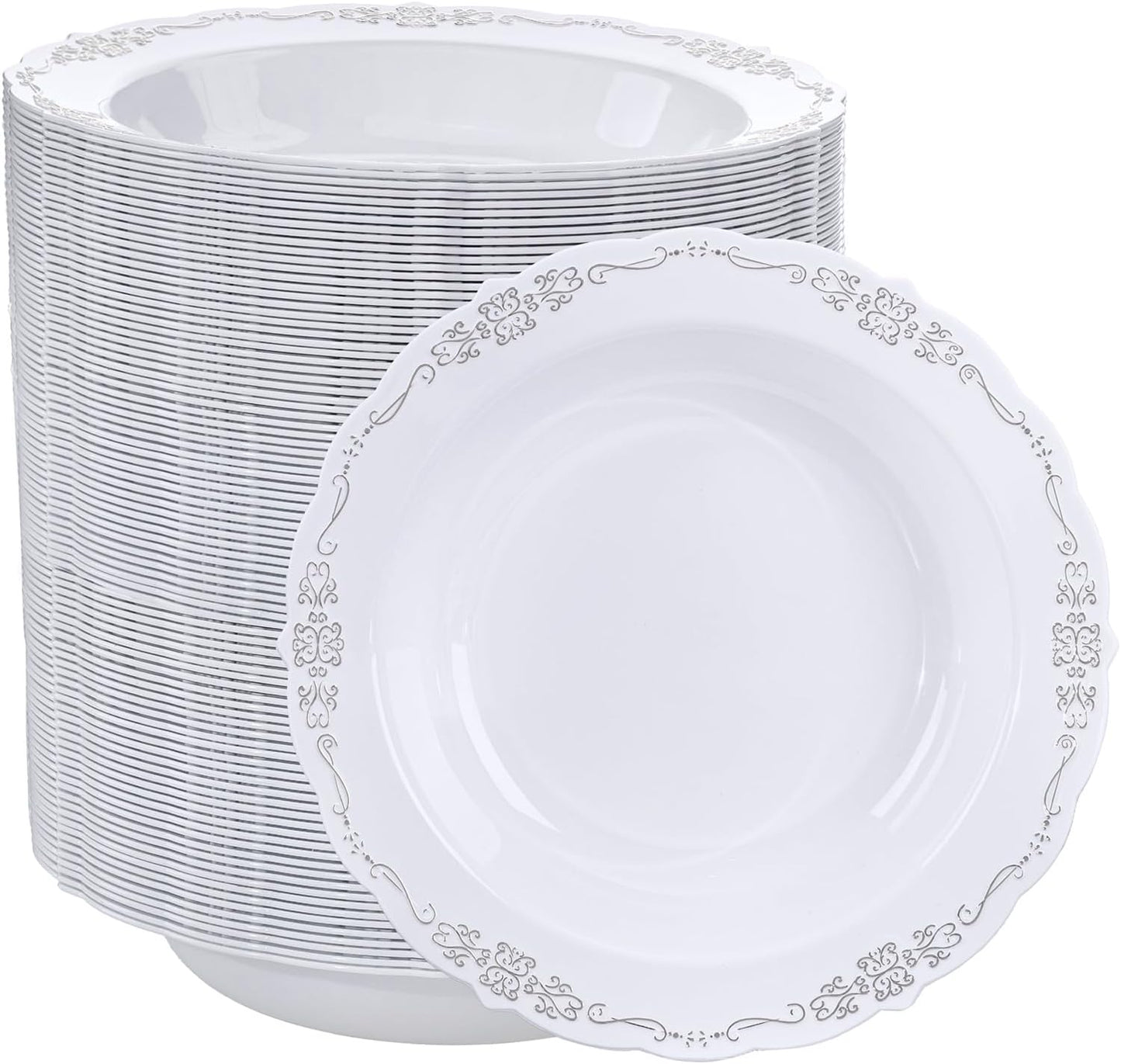 DaYammi 100 Pack Plastic Bowls with Silver Rim, 12oz Disposable Soup Bowls, Heavy Duty Dinner Bowls for Weddings, Parties, Dinners, Catering and Everyday Use