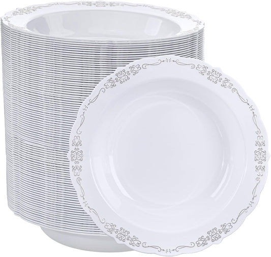 DaYammi 100 Pack Plastic Bowls with Silver Rim, 12oz Disposable Soup Bowls, Heavy Duty Dinner Bowls for Weddings, Parties, Dinners, Catering and Everyday Use