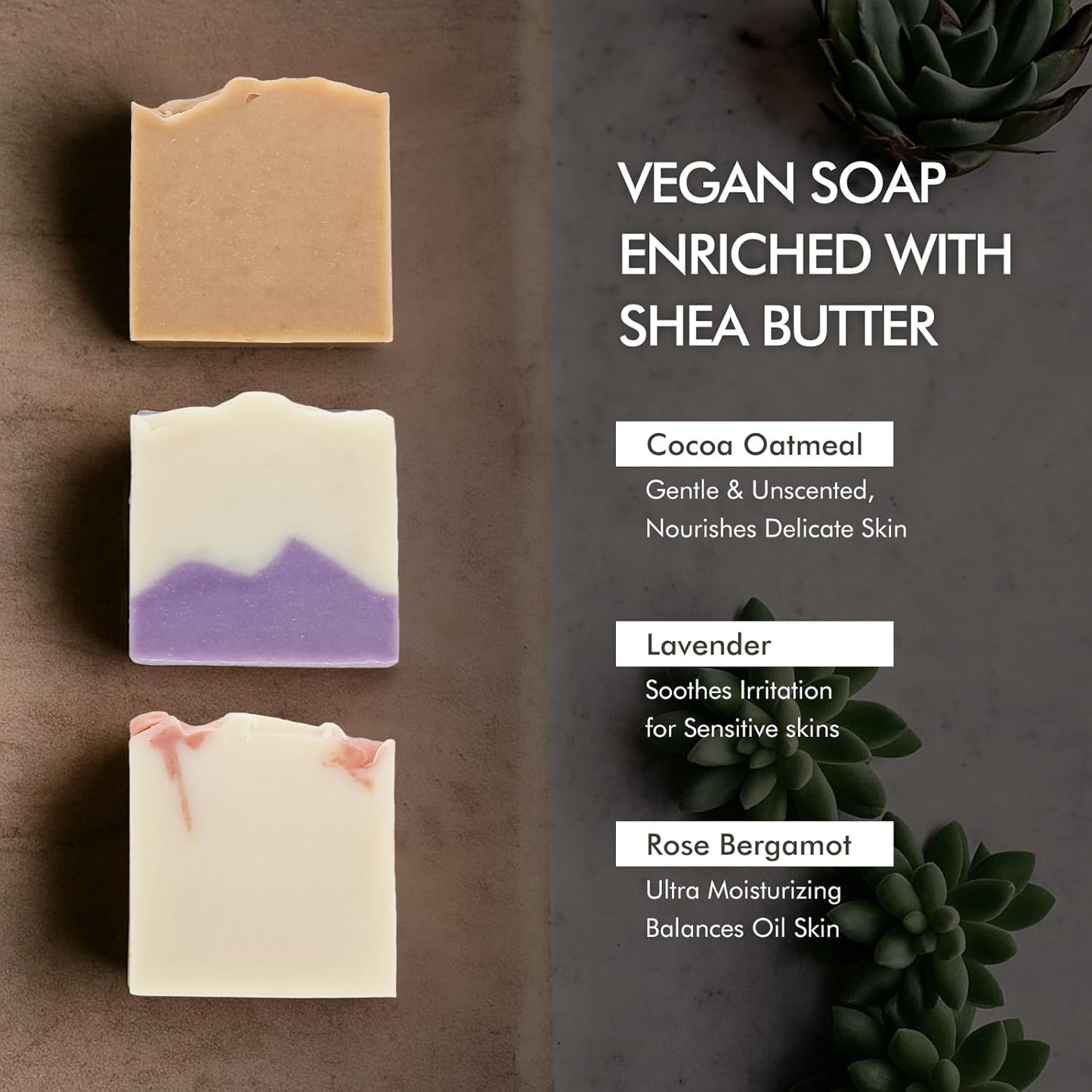 Natural Amor All Natural Handmade Soap Bar, Nourishing 3 pack- Rose Bergamot, Lavender, Unscented Oatmeal Bar Soap, 4.3 OZ each