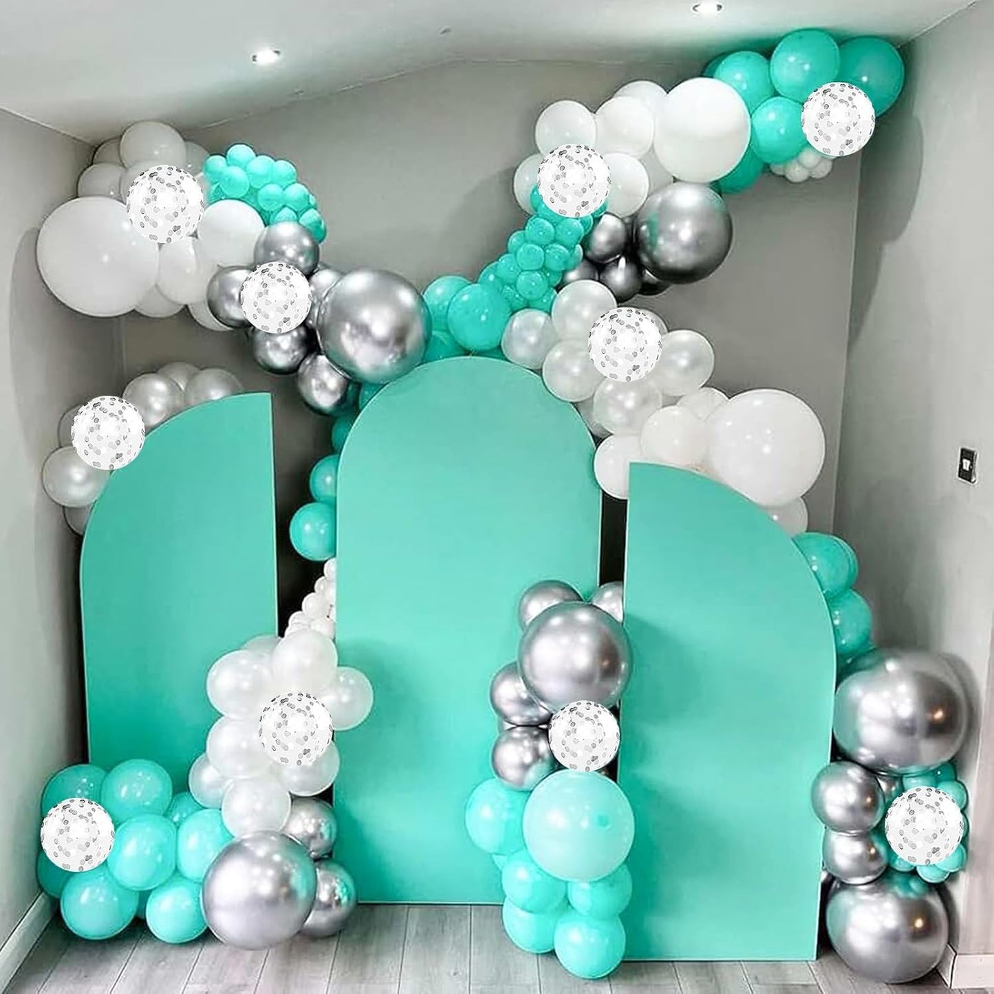 Teal Blue and Silver Balloons, 60 Packs 12Inch Teal and Metallic Silver Balloons, Teal Blue White Silver Confetti Balloon with Ribbons for Wedding Baby Bridal Baby Shower Birthday Party Decoration