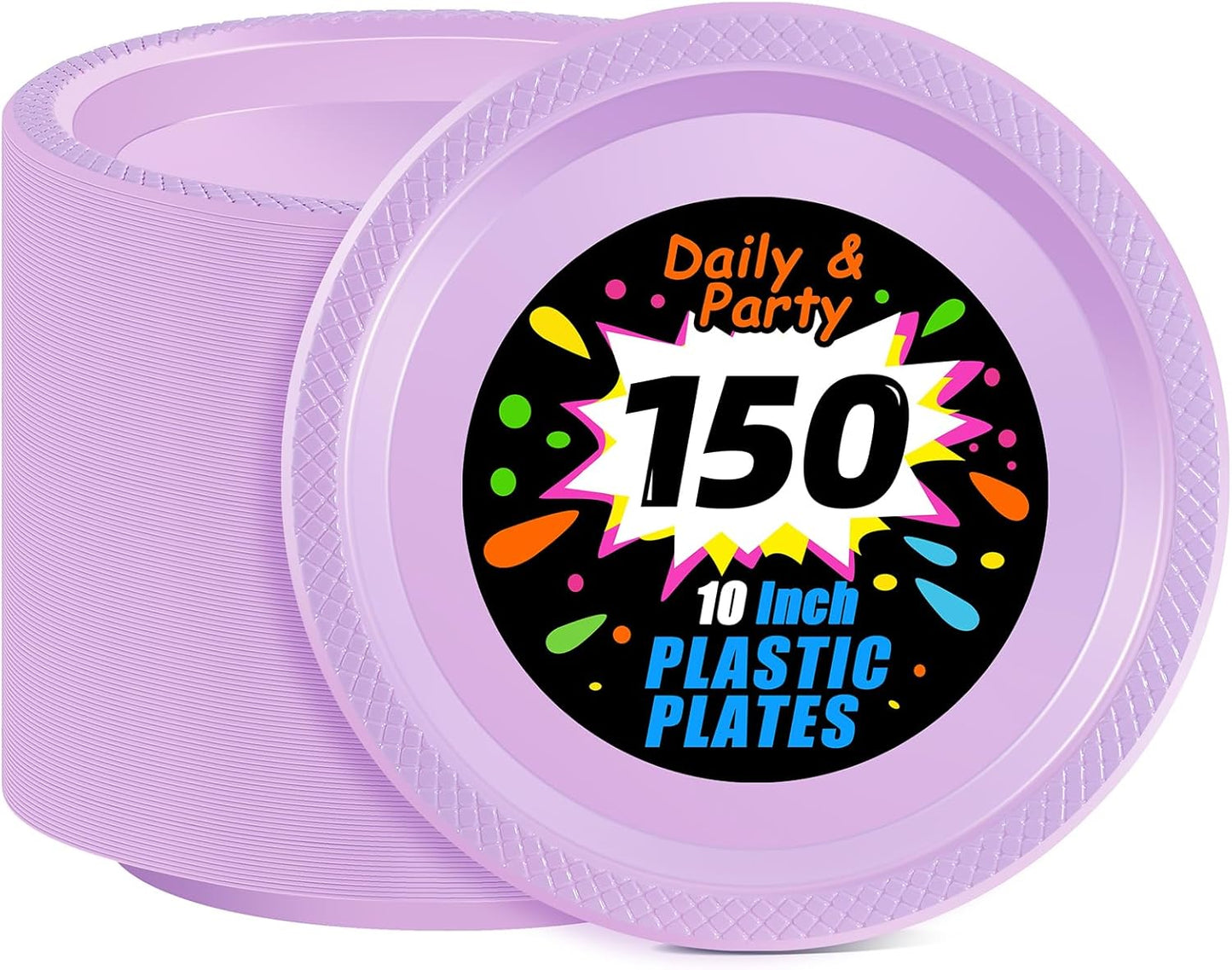 WELLIFE Lavender Party Plates 10 Inch -150 Count, Disposable Plastic Dinner Plates for Party Easter Mother's Day Wedding Birthday Picnic Graduation
