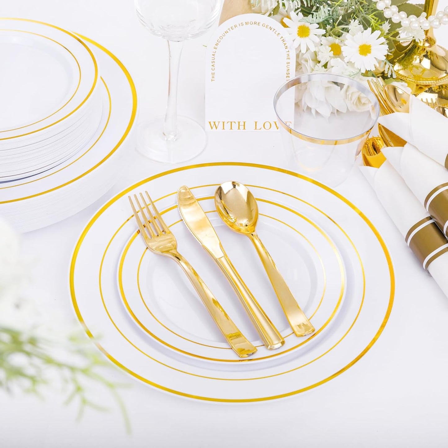 DaYammi 210PCS Gold Plastic Dinnerware Set Thanksgiving Plates Disposable Disposable Plates for Party, Include: 30 Dinner Plates, 30 Dessert Plates, 30 Pre Rolled Napkins with Gold Silverware, 30 Cups