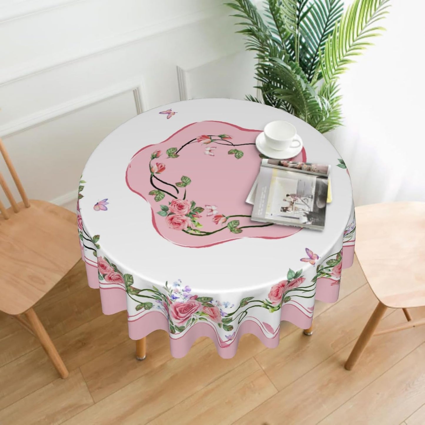 Giwawa Rose Flower Round Tablecloth 60Inch Valentines Day Pink Floral Butterflies Table Cover Romantic Spring Kitchen Dining Polyester Stain Resistant Table Cloth for Holiday Party Picnic Decor