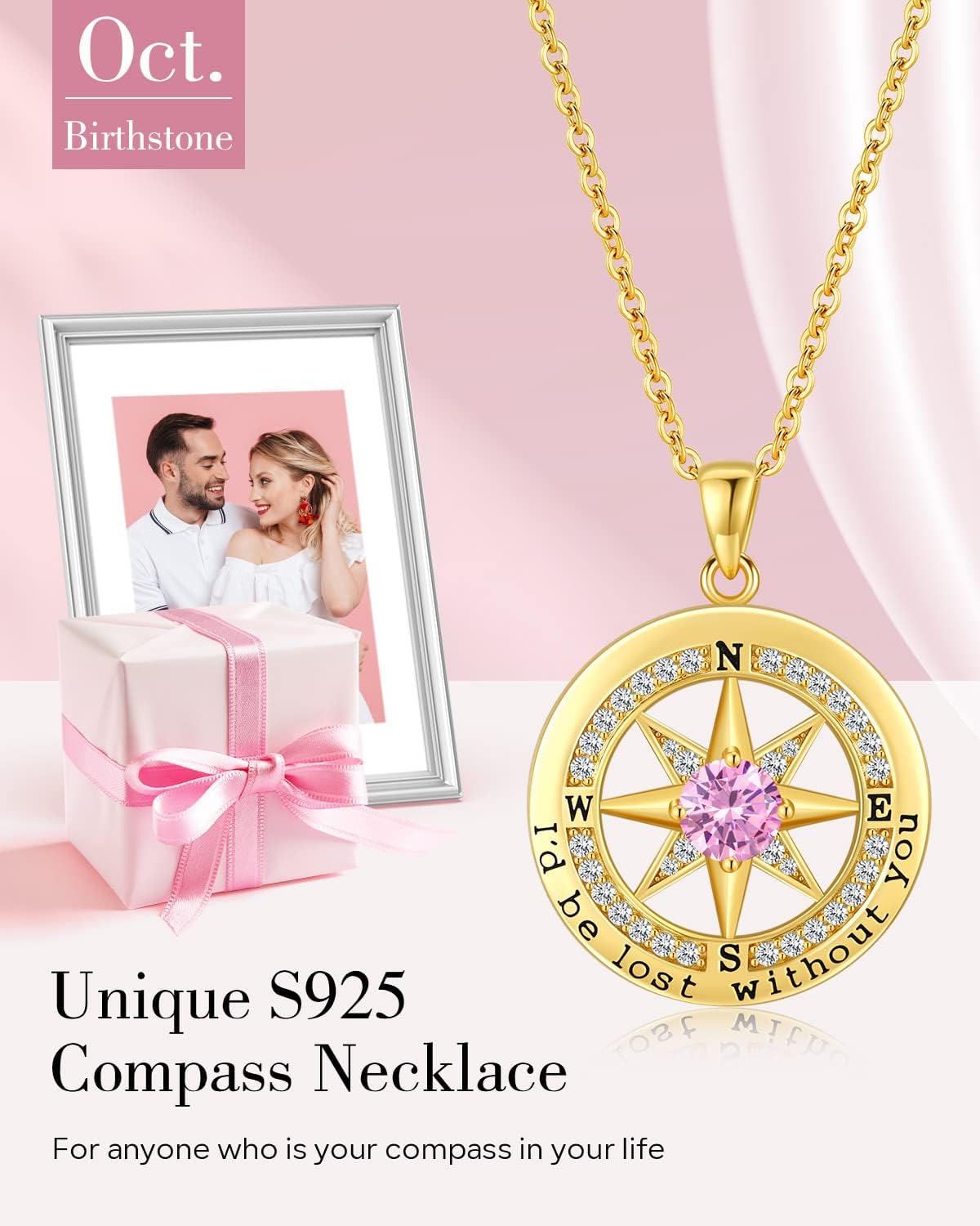 S925 Necklace Gift for Wife |Compass Jewelry |Women Anniversary |Sterling Silver |Girlfriend Birthday Gifts for Her Valentines |I'd be Lost without You |Jewel 18K Gold