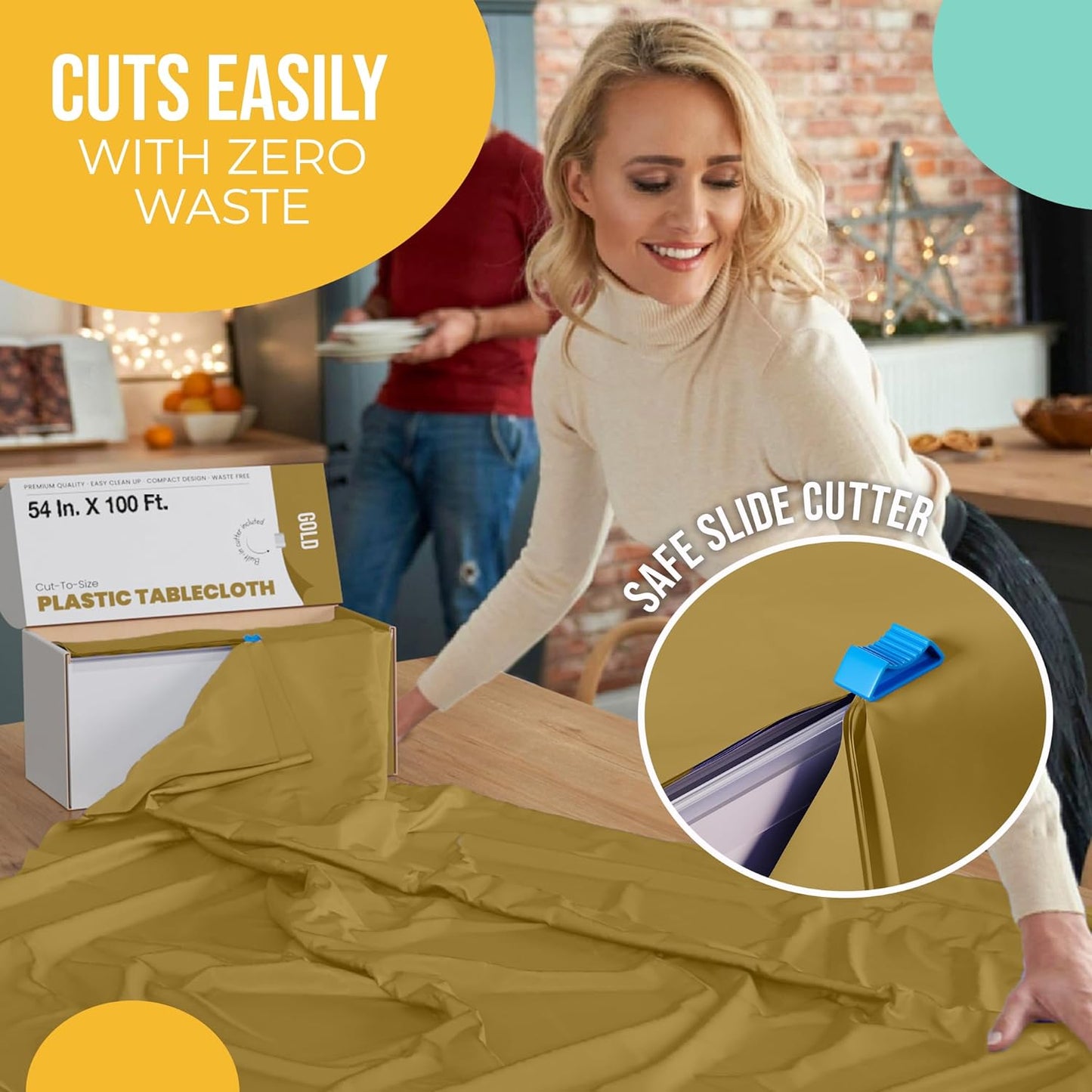 Party Solids 54 Inch X 100 Feet Gold Plastic Table Cover Roll in A Cut - to - Size Box with Convenient Slide Cutter. Cuts Up to 12 Rectangle 8 Feet Plastic Disposable Tablecloths