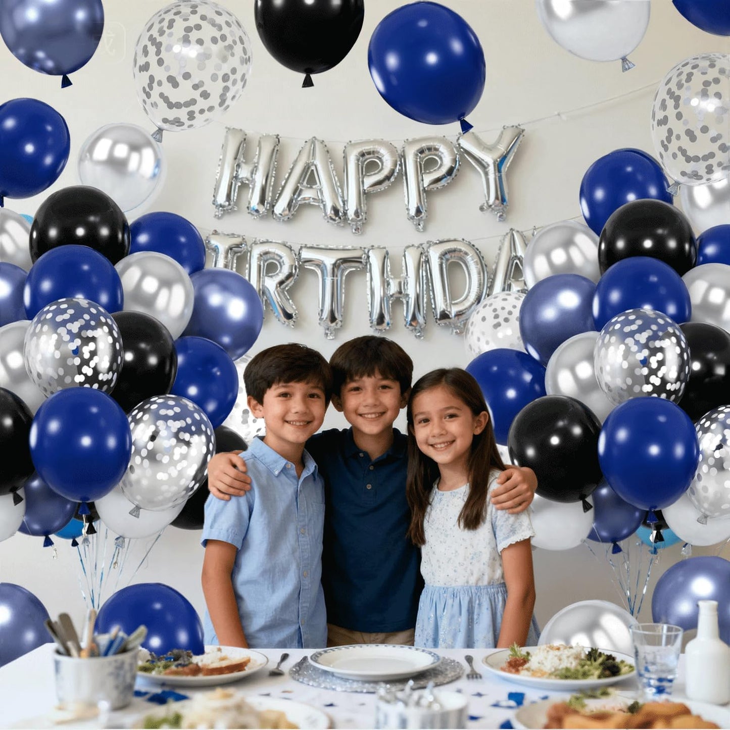 Navy Blue Silver Black Balloons, 60pcs 12 inch Dark Blue and Silver Metallic Balloons Blue Silver Confetti Party Balloons for Graduation Father's Day Birthday Party Decorations