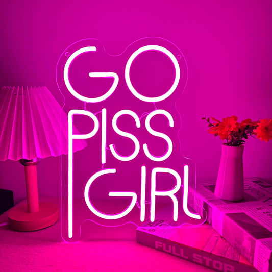 GO PISS GIRL Neon Sign Funny Dimmable LED Light Up Sign Pink Aesthetic Pop Culture Wall Decor for Dorm Room, College Apartment, Bathroom, Party, Birthday Gift, USB Powered(14.5 * 10.6in)