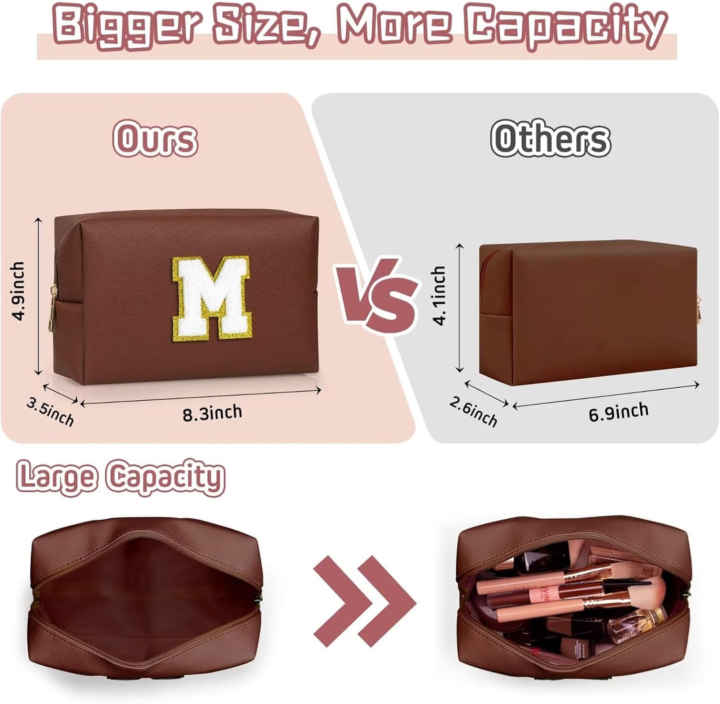 TOPEAST Monogrammed Gifts for Women, Preppy Makeup Bag Small Cosmetic Bag Travel Toiletry Bag, Personalized Birthday Gift for Girl, Wedding Bridal Shower Gifts for Bridesmaids (Brown M)