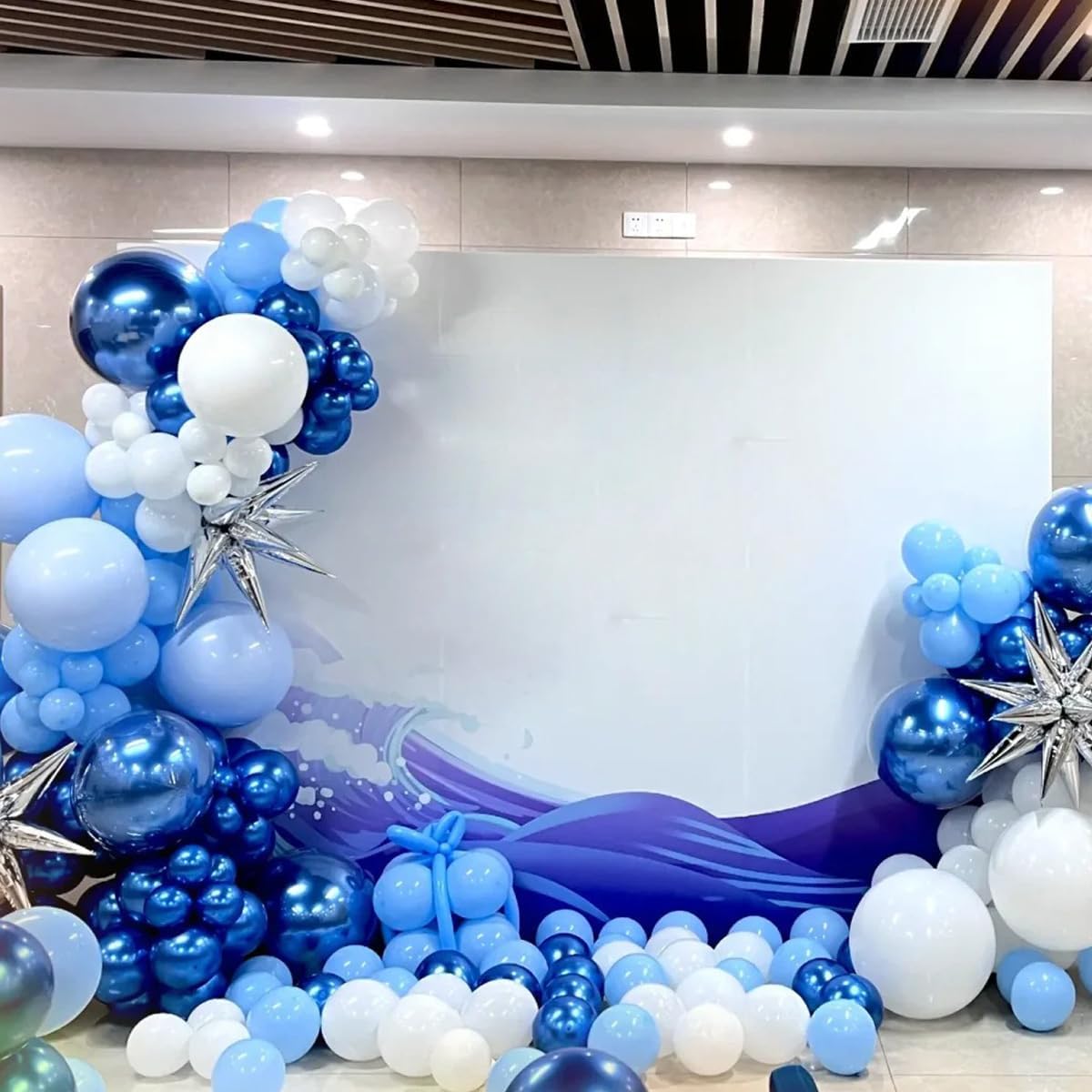 Blue Balloons Garland Arch Kit, 147 Pcs Metallic Macaron Light Blue and Confetti Silver Balloons for Baby Shower Birthday Wedding Ocean Themed Party Background Decoration