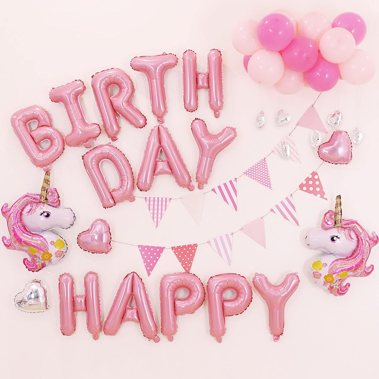 KALOR Pink Happy Birthday Balloons Banner, 16 Inch Mylar Foil Letters Balloon Sign for Women, Men, Boys & Girls Kids Birthday Decorations Photo Backdrop