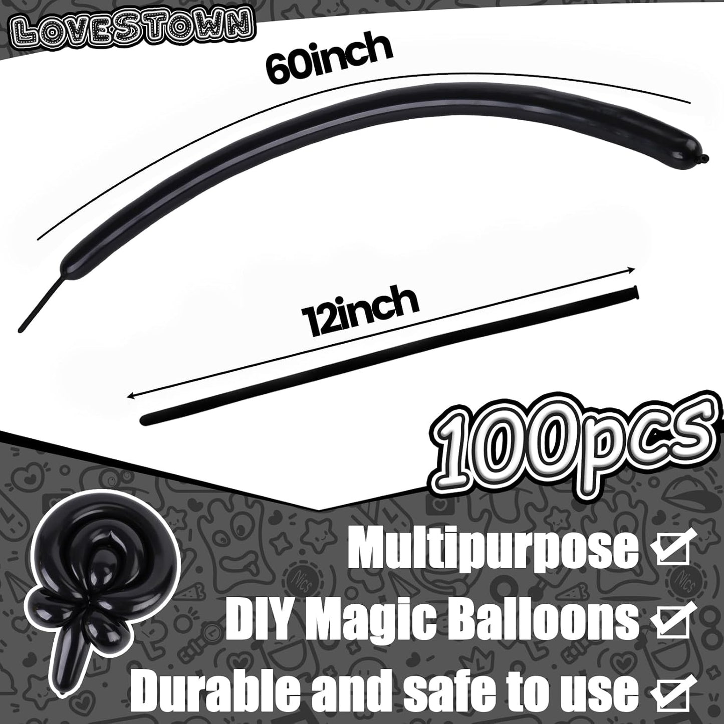 LovesTown 100 PCS 260 long balloons, Black Twisting Animal Balloons Thicken Modeling Magic for Holiday Birthday Party Decor