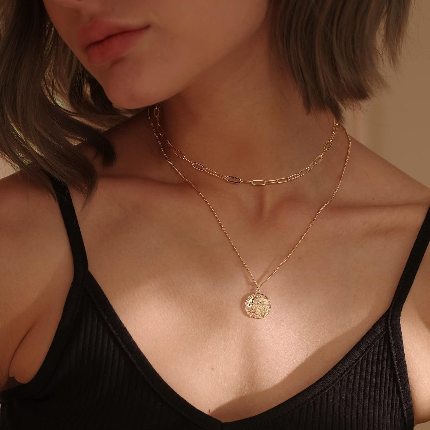 MEVECCO Layered Heart Necklace Pendant Handmade 18k Gold Plated Dainty Gold Choker Arrow Bar Layering Long Necklace for Women