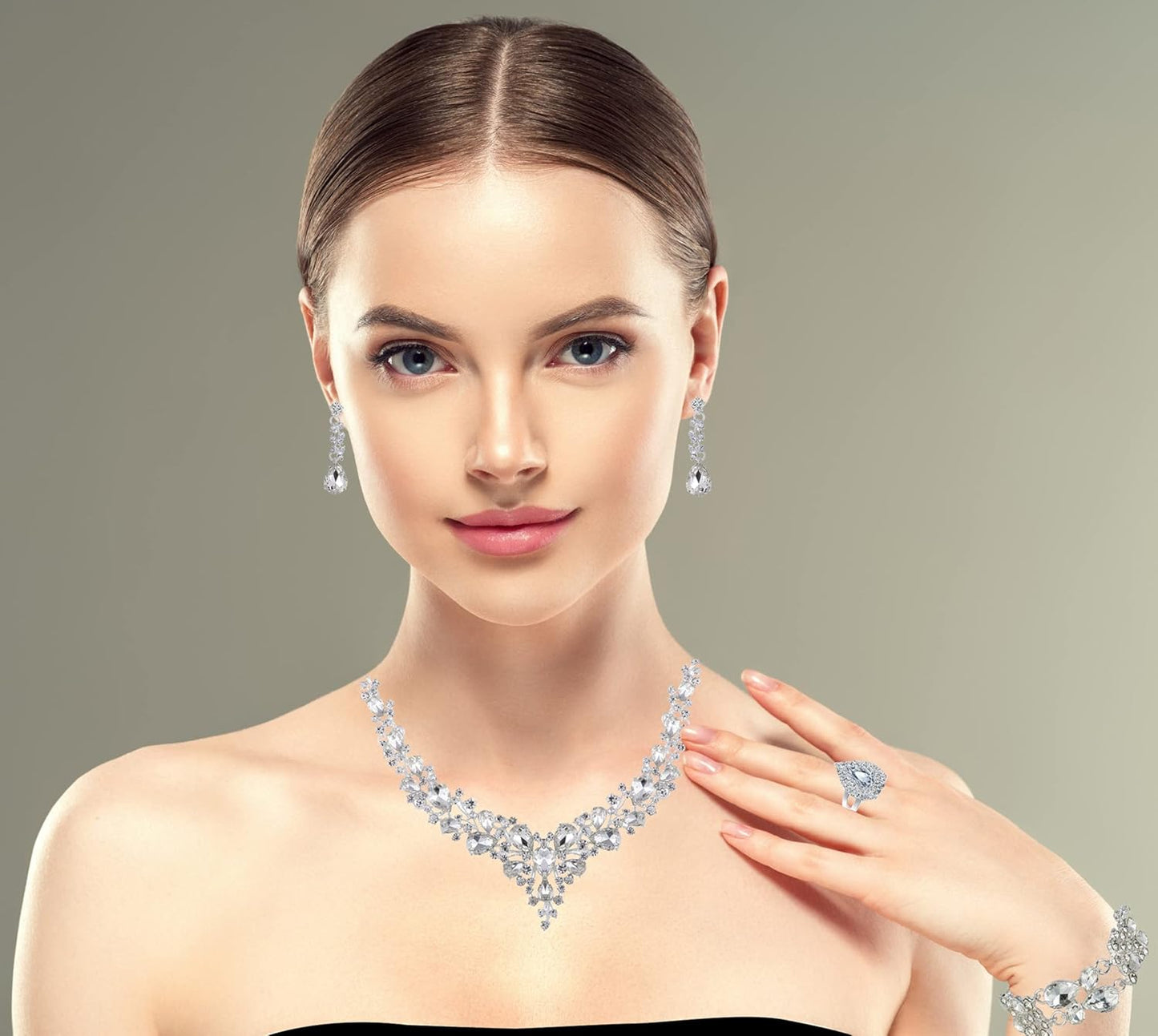 Crystal Bridal Wedding Jewelry Sets for Women Rhinestone Teardrop Crystal Statement Choker Necklace Drop Earrings Link Bracelets Rings Teardrop Jewelry Set for Brides Bridesmaids