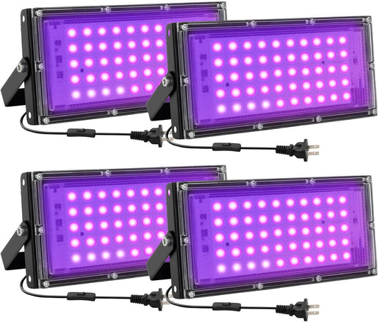 50W LED Black Lights for Glow Party, IP65 Waterproof UV Blacklight Floodlight 395nm Black Light Spotlight Purple Black Light Flood Light Fluorescent UV Light Lamp for Halloween Decor (4 Pack)
