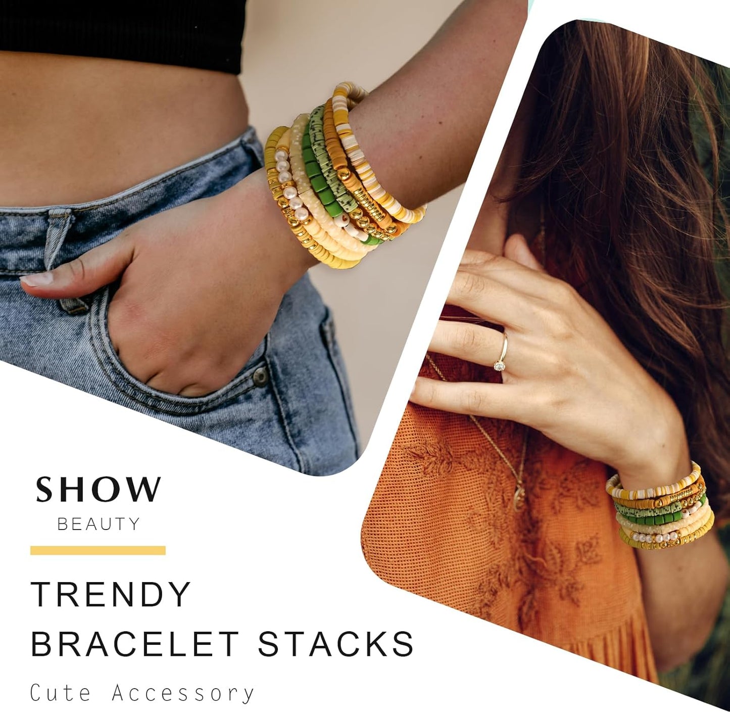 Friendship Bracelets Trendy Heishi Clay Bead Bracelets Stack Gold Beaded Stretch Bracelets for Women Boho Stackable Bracelets Bulk Cute Preppy Jewelry