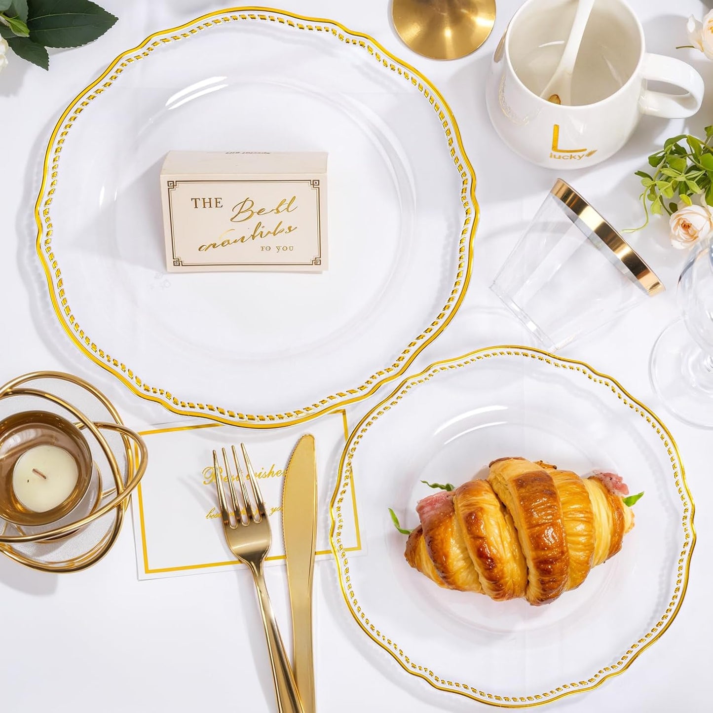 Hioasis 350pcs Clear Gold Plastic Plates - Gold Plastic Dinnerware Set Includes 50 Dinner Plates, 50 Dessert Dinnerware, 50 Cups, 50 Rolled Napkin Cutlery Perfect for Wedding & Party